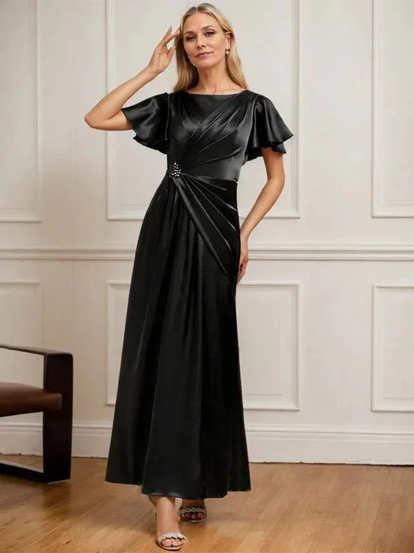 A-line Scoop Ankle-Length Stretch Satin Mother of the Bride Dress With Pleated Beading - Image 3