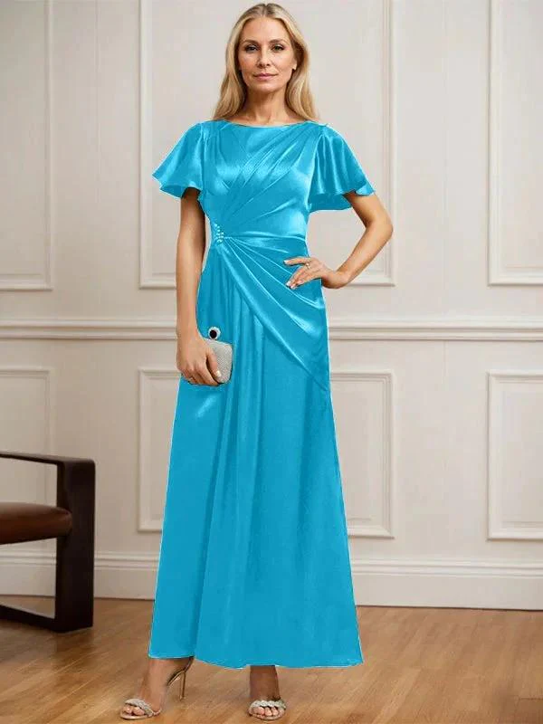 A-line Scoop Ankle-Length Stretch Satin Mother of the Bride Dress With Pleated Beading - Image 30