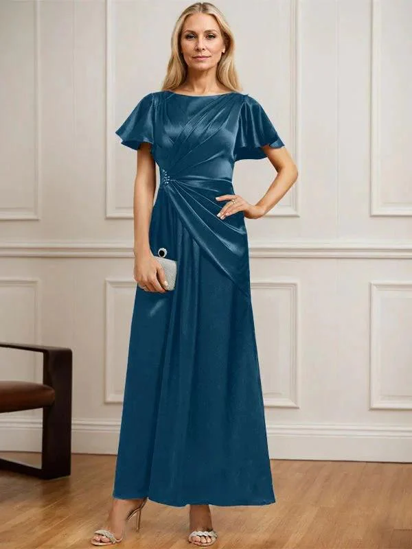 A-line Scoop Ankle-Length Stretch Satin Mother of the Bride Dress With Pleated Beading - Image 31