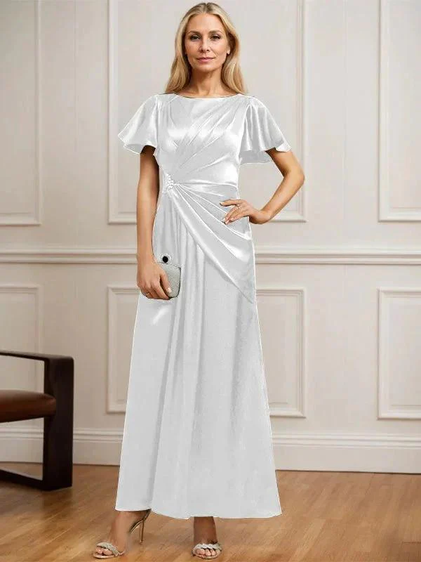 A-line Scoop Ankle-Length Stretch Satin Mother of the Bride Dress With Pleated Beading - Image 33