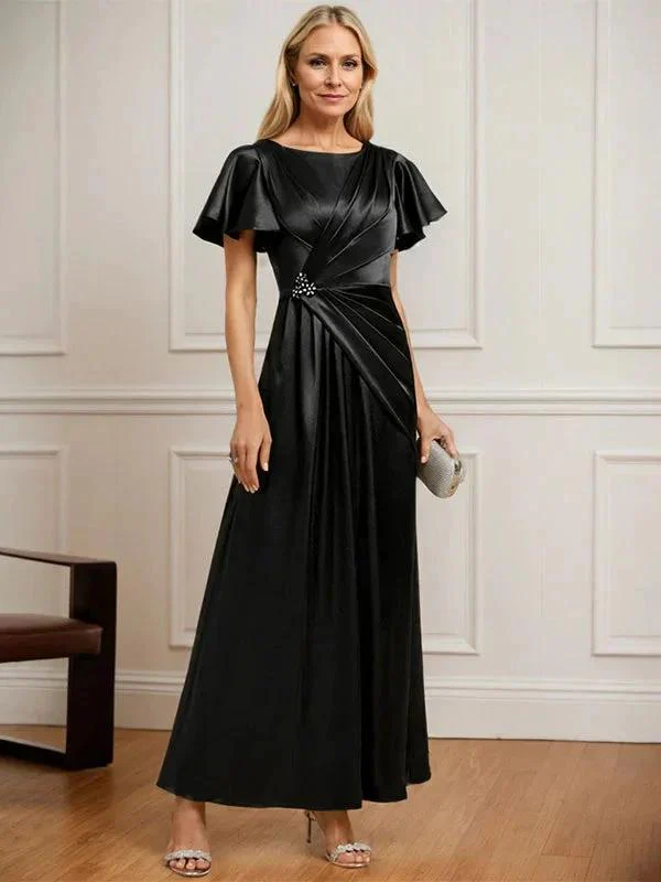 A-line Scoop Ankle-Length Stretch Satin Mother of the Bride Dress With Pleated Beading - Image 4