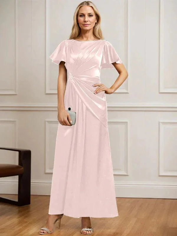 A-line Scoop Ankle-Length Stretch Satin Mother of the Bride Dress With Pleated Beading - Image 9