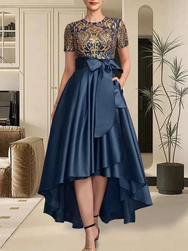 A-line Scoop Asymmetrical Satin Sequin Lace Mother of the Bride Dress With Bow
