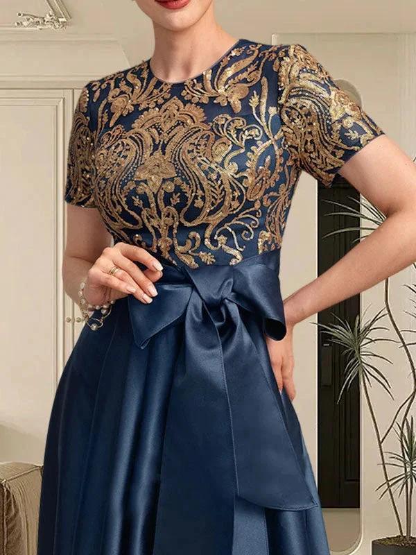 A-line Scoop Asymmetrical Satin Sequin Lace Mother of the Bride Dress With Bow - Image 2
