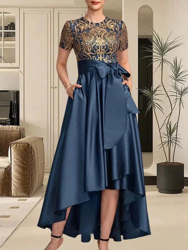 A-line Scoop Asymmetrical Satin Sequin Lace Mother of the Bride Dress With Bow - Image 3