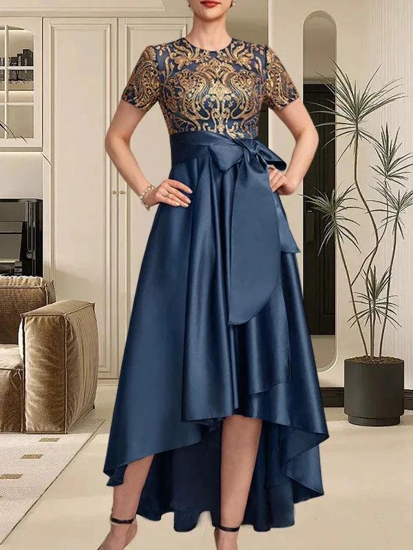 A-line Scoop Asymmetrical Satin Sequin Lace Mother of the Bride Dress With Bow - Image 4