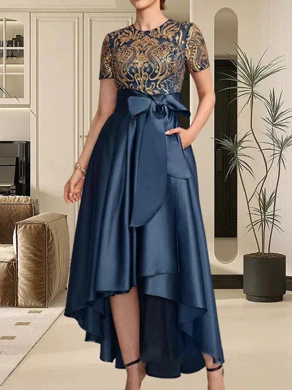 A-line Scoop Asymmetrical Satin Sequin Lace Mother of the Bride Dress With Bow - Image 5