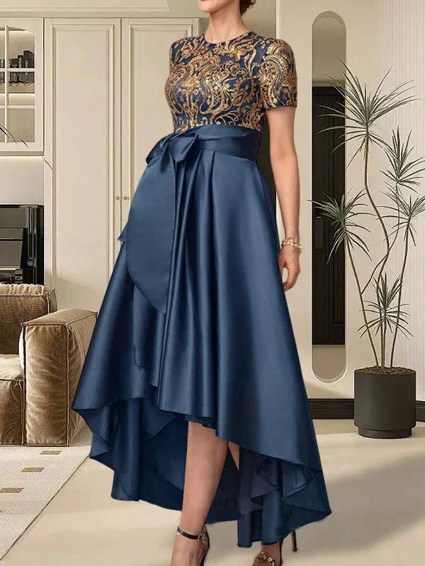 A-line Scoop Asymmetrical Satin Sequin Lace Mother of the Bride Dress With Bow - Image 6