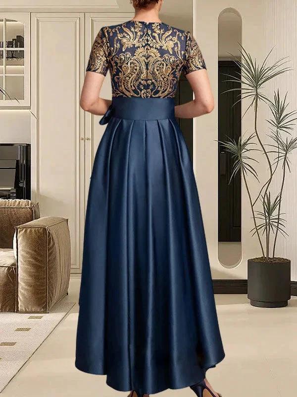 A-line Scoop Asymmetrical Satin Sequin Lace Mother of the Bride Dress With Bow - Image 7
