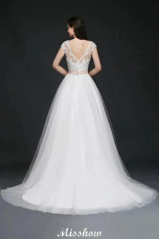 A-line Scoop Court Train Tulle Glamorous Wedding Dresses with Sash - Image 2