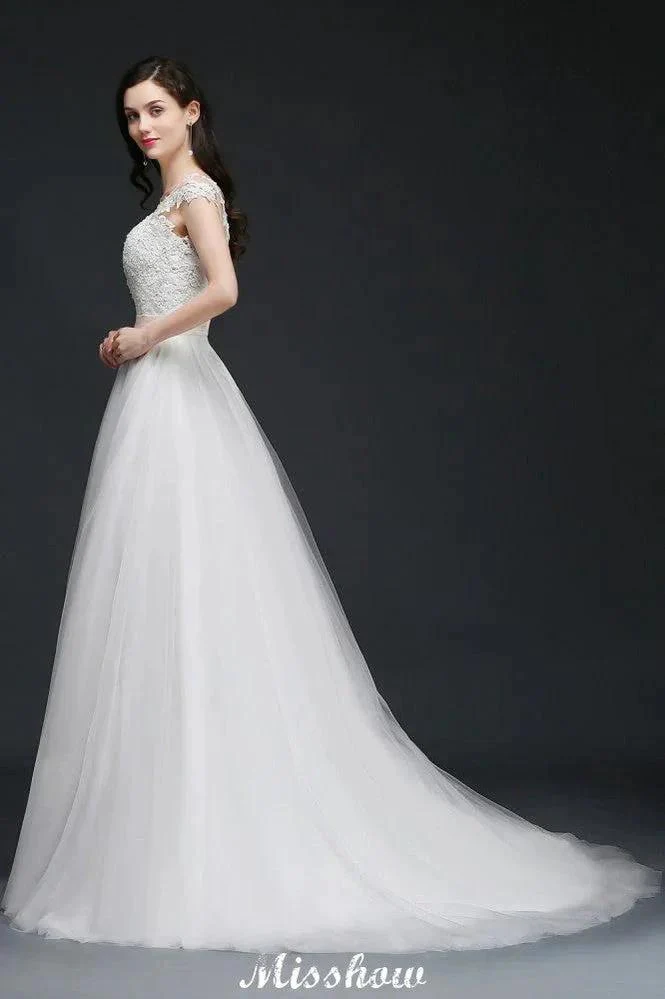 A-line Scoop Court Train Tulle Glamorous Wedding Dresses with Sash - Image 3
