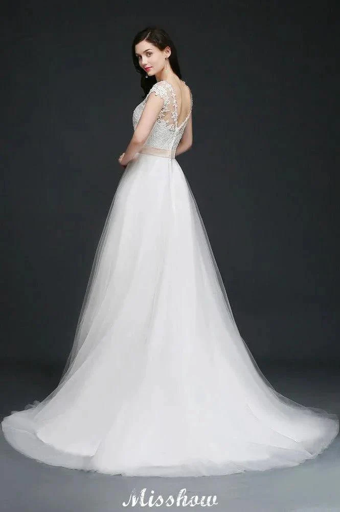 A-line Scoop Court Train Tulle Glamorous Wedding Dresses with Sash - Image 4