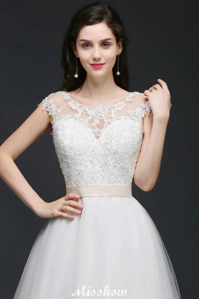 A-line Scoop Court Train Tulle Glamorous Wedding Dresses with Sash - Image 5