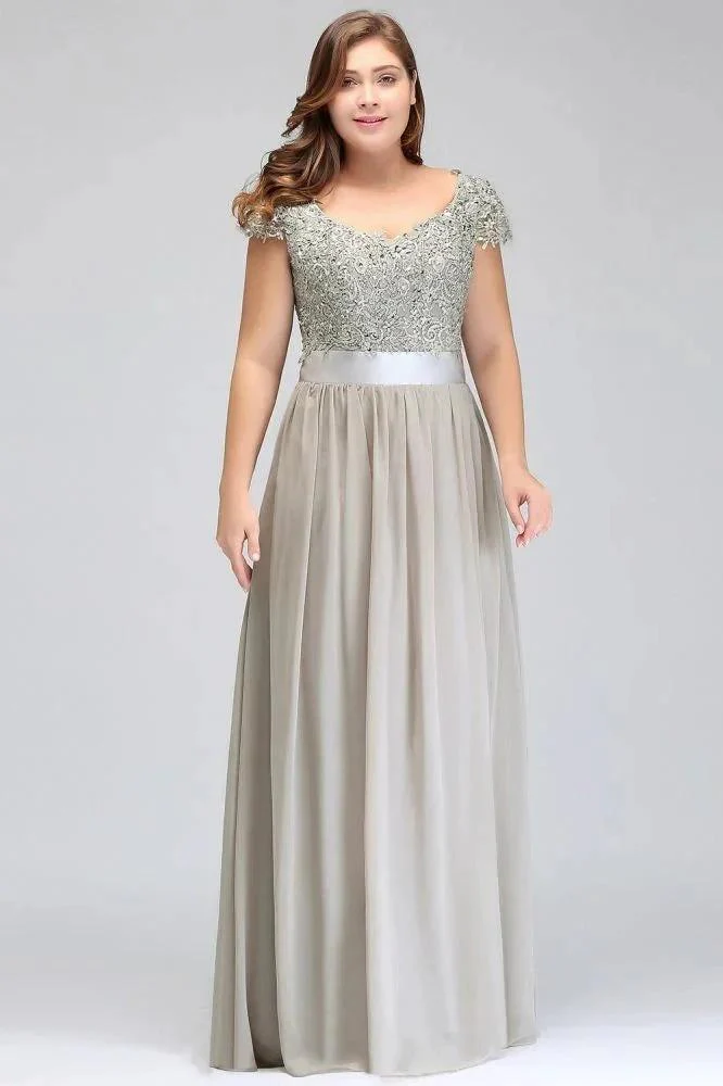 A-Line Scoop Floor Length Cap Sleeves Appliques Silver Evening Dresses with Sash - Image 10