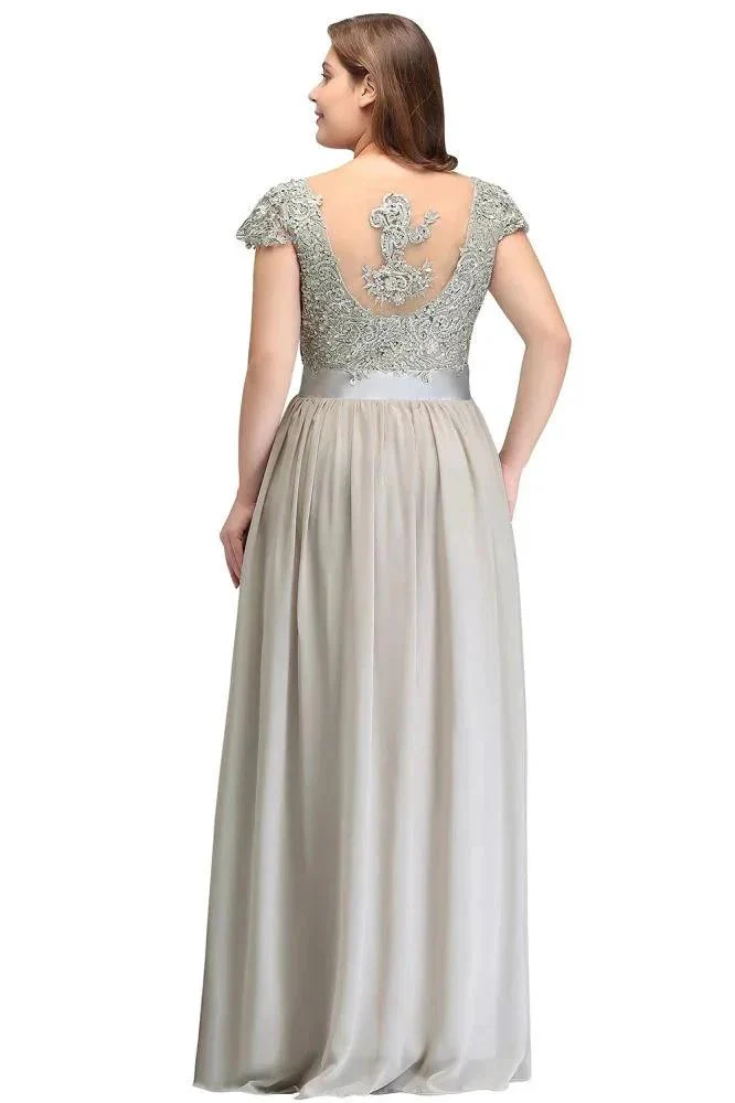 A-Line Scoop Floor Length Cap Sleeves Appliques Silver Evening Dresses with Sash - Image 2