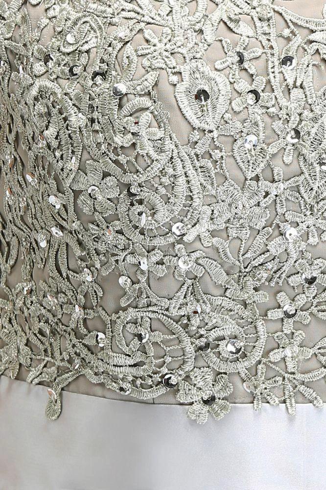 A-Line Scoop Floor Length Cap Sleeves Appliques Silver Evening Dresses with Sash - Image 3