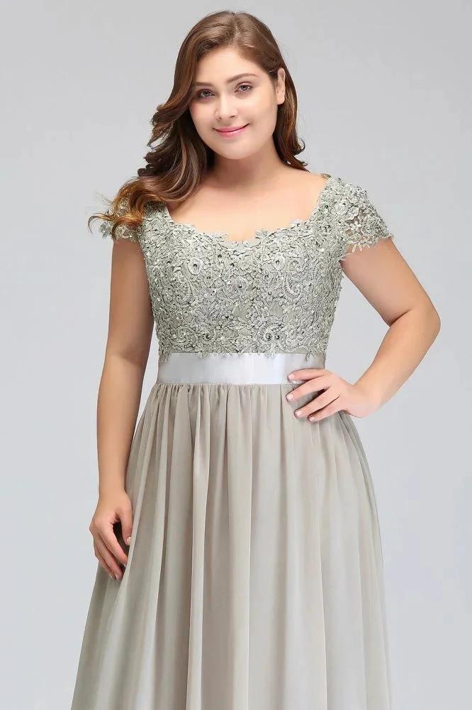 A-Line Scoop Floor Length Cap Sleeves Appliques Silver Evening Dresses with Sash - Image 4