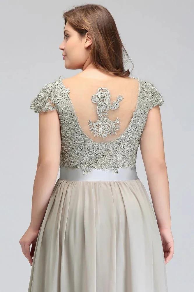 A-Line Scoop Floor Length Cap Sleeves Appliques Silver Evening Dresses with Sash - Image 5