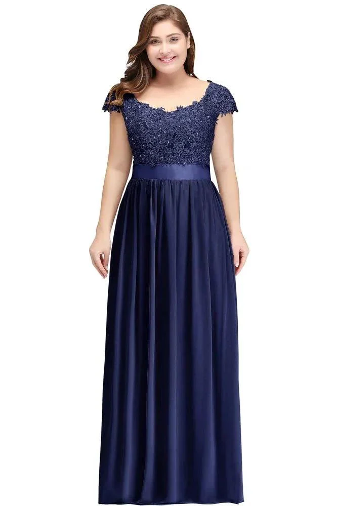 A-Line Scoop Floor Length Cap Sleeves Appliques Silver Evening Dresses with Sash - Image 8