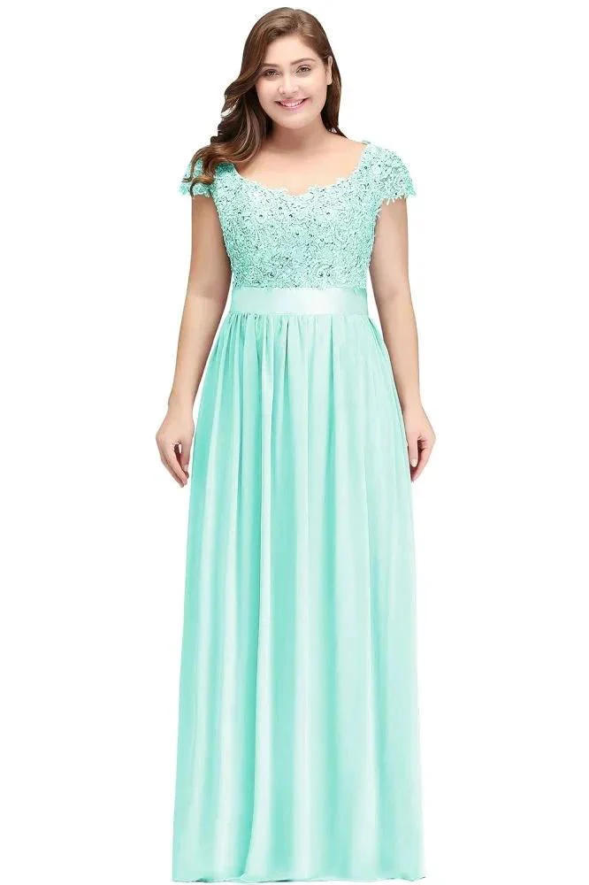 A-Line Scoop Floor Length Cap Sleeves Appliques Silver Evening Dresses with Sash - Image 9