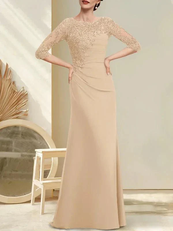 A-line Scoop Floor-Length Chiffon Lace Mother of the Bride Dress With Beading Pleated Sequins - Image 10