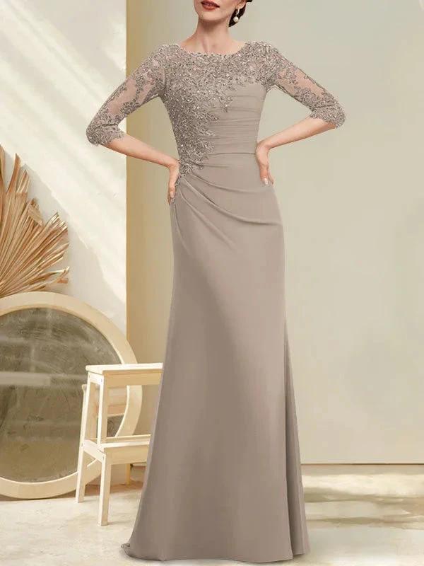 A-line Scoop Floor-Length Chiffon Lace Mother of the Bride Dress With Beading Pleated Sequins - Image 11