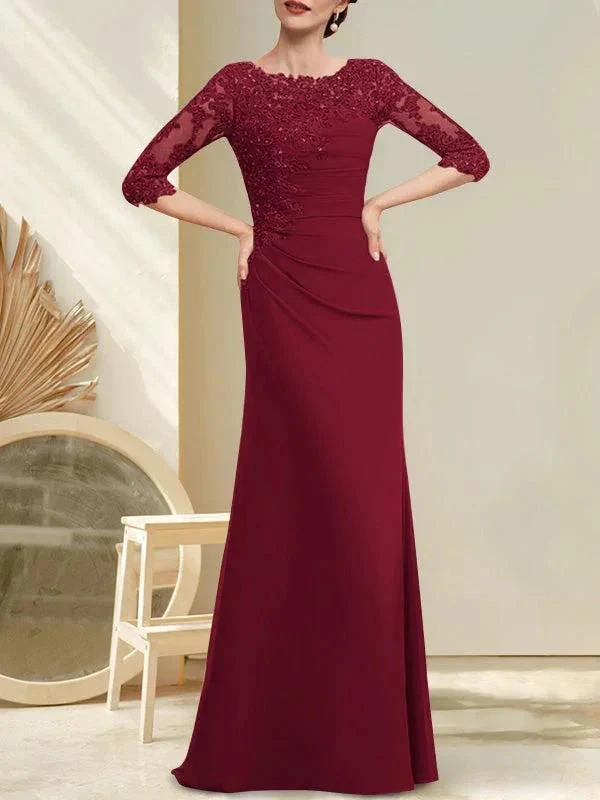 A-line Scoop Floor-Length Chiffon Lace Mother of the Bride Dress With Beading Pleated Sequins - Image 12