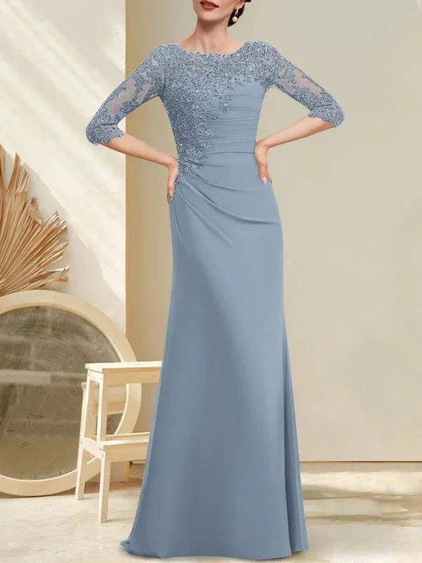 A-line Scoop Floor-Length Chiffon Lace Mother of the Bride Dress With Beading Pleated Sequins - Image 13
