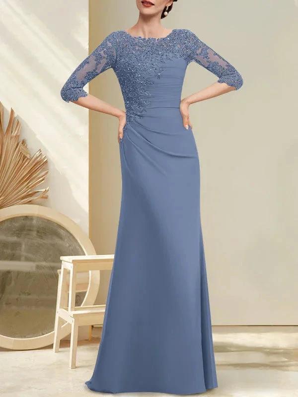 A-line Scoop Floor-Length Chiffon Lace Mother of the Bride Dress With Beading Pleated Sequins - Image 14