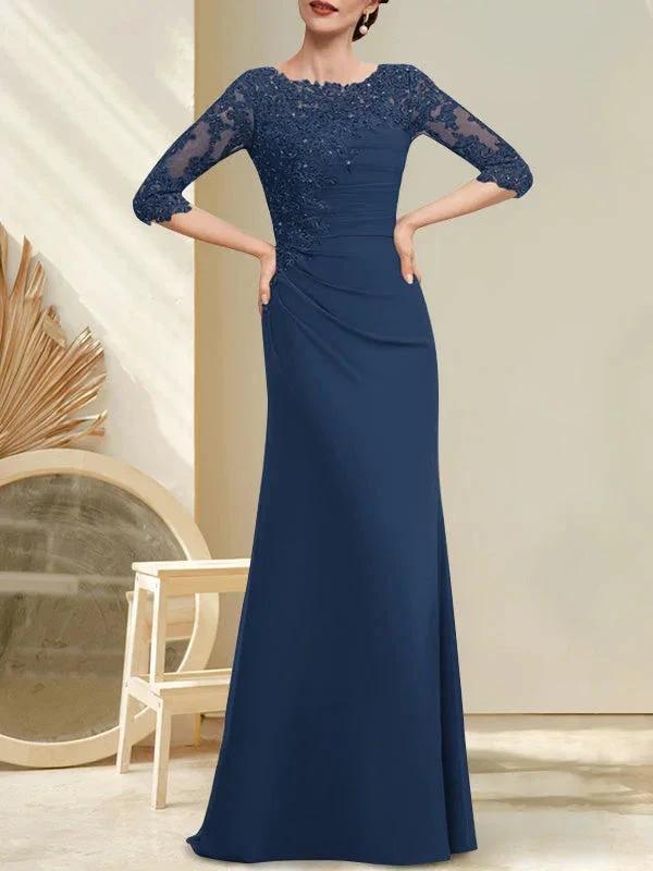 A-line Scoop Floor-Length Chiffon Lace Mother of the Bride Dress With Beading Pleated Sequins - Image 15