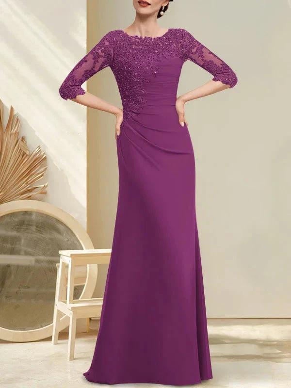 A-line Scoop Floor-Length Chiffon Lace Mother of the Bride Dress With Beading Pleated Sequins - Image 17