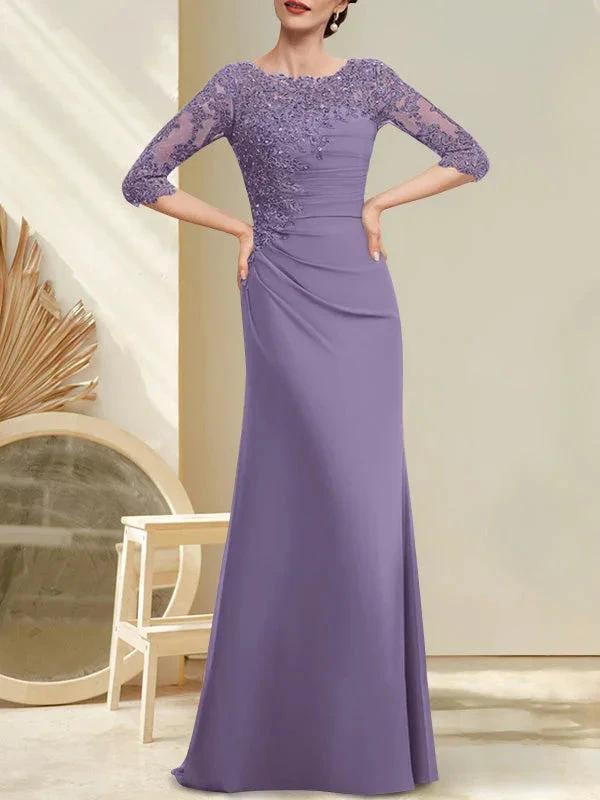 A-line Scoop Floor-Length Chiffon Lace Mother of the Bride Dress With Beading Pleated Sequins - Image 18