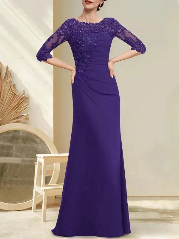 A-line Scoop Floor-Length Chiffon Lace Mother of the Bride Dress With Beading Pleated Sequins - Image 19