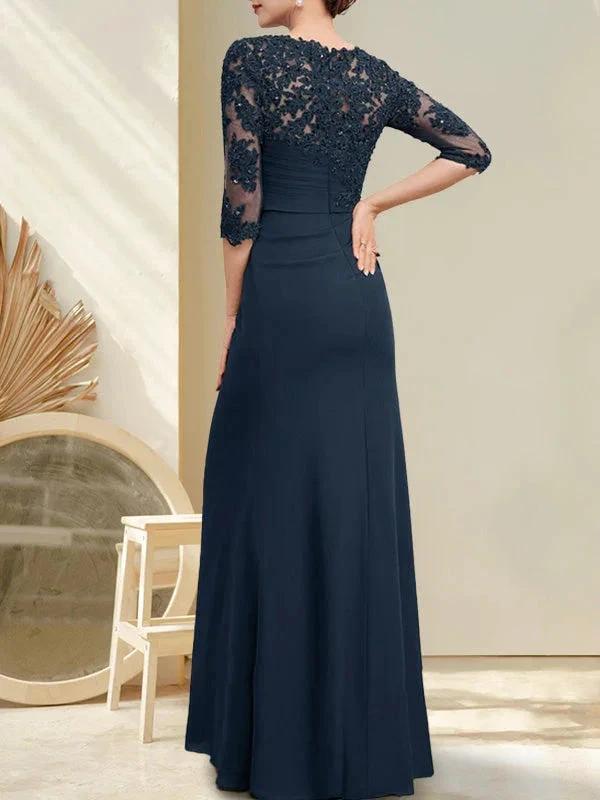 A-line Scoop Floor-Length Chiffon Lace Mother of the Bride Dress With Beading Pleated Sequins - Image 2