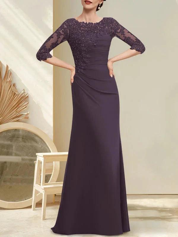 A-line Scoop Floor-Length Chiffon Lace Mother of the Bride Dress With Beading Pleated Sequins - Image 20