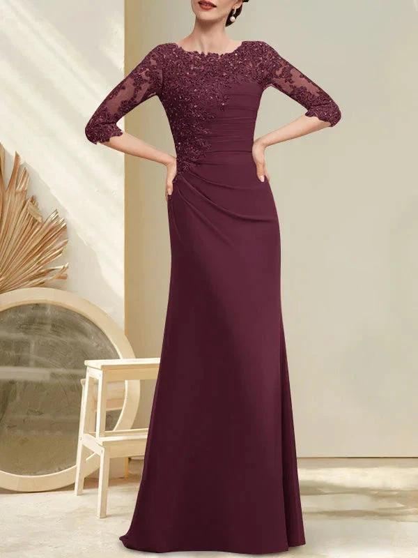 A-line Scoop Floor-Length Chiffon Lace Mother of the Bride Dress With Beading Pleated Sequins - Image 21