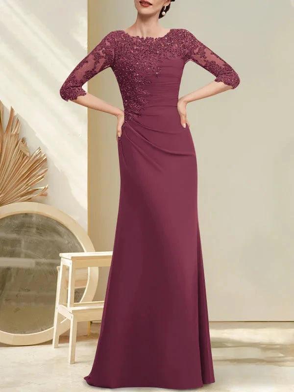 A-line Scoop Floor-Length Chiffon Lace Mother of the Bride Dress With Beading Pleated Sequins - Image 22