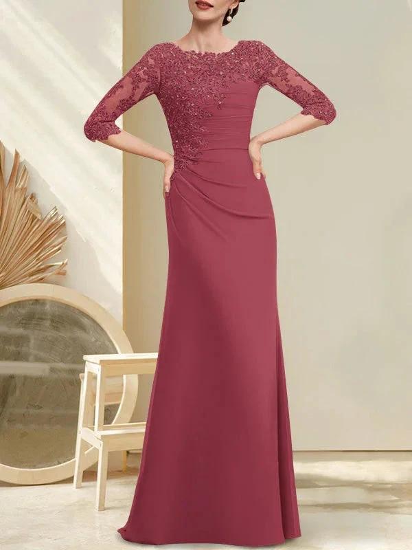 A-line Scoop Floor-Length Chiffon Lace Mother of the Bride Dress With Beading Pleated Sequins - Image 23