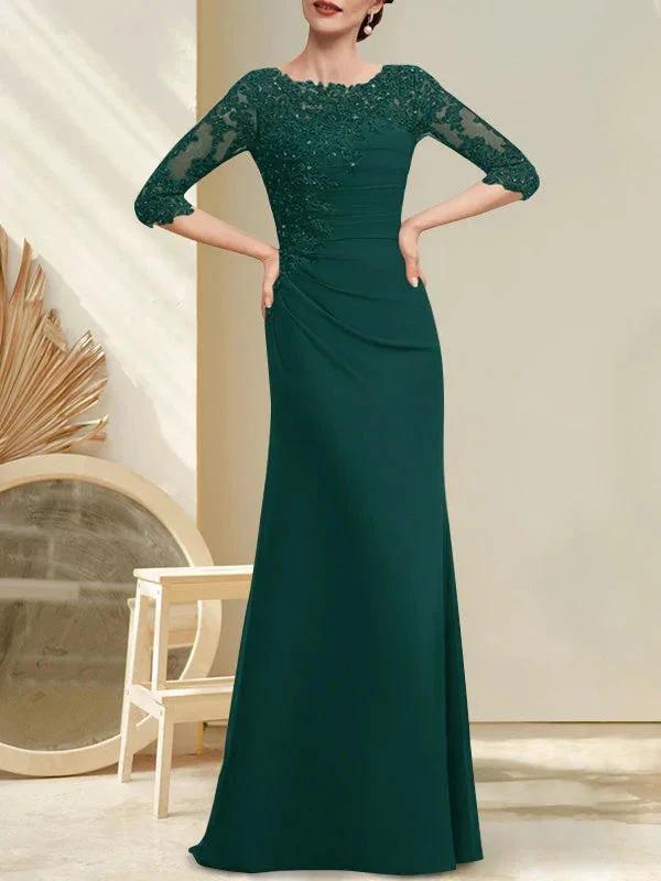 A-line Scoop Floor-Length Chiffon Lace Mother of the Bride Dress With Beading Pleated Sequins - Image 24