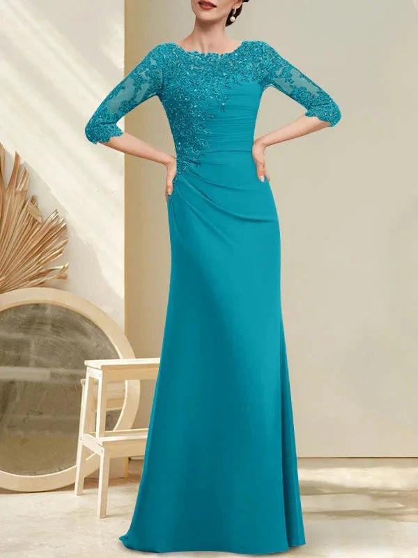 A-line Scoop Floor-Length Chiffon Lace Mother of the Bride Dress With Beading Pleated Sequins - Image 26