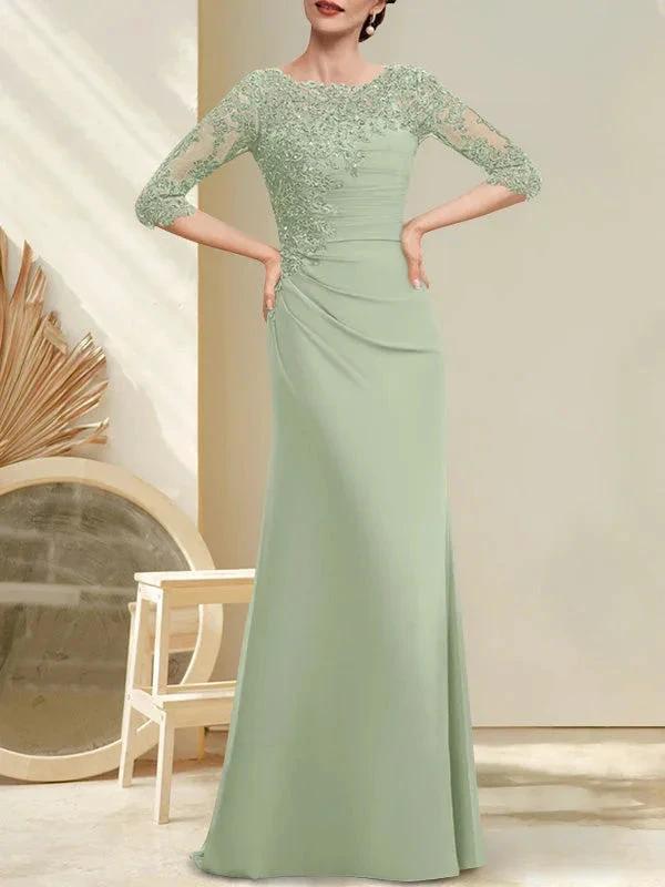 A-line Scoop Floor-Length Chiffon Lace Mother of the Bride Dress With Beading Pleated Sequins - Image 27