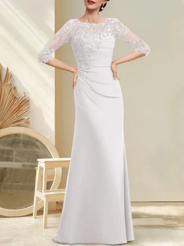 A-line Scoop Floor-Length Chiffon Lace Mother of the Bride Dress With Beading Pleated Sequins - Image 28