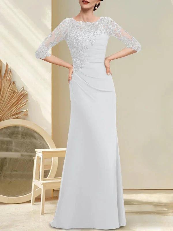 A-line Scoop Floor-Length Chiffon Lace Mother of the Bride Dress With Beading Pleated Sequins - Image 29