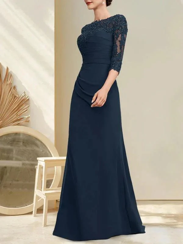 A-line Scoop Floor-Length Chiffon Lace Mother of the Bride Dress With Beading Pleated Sequins - Image 3