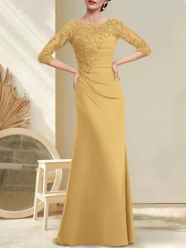 A-line Scoop Floor-Length Chiffon Lace Mother of the Bride Dress With Beading Pleated Sequins - Image 30