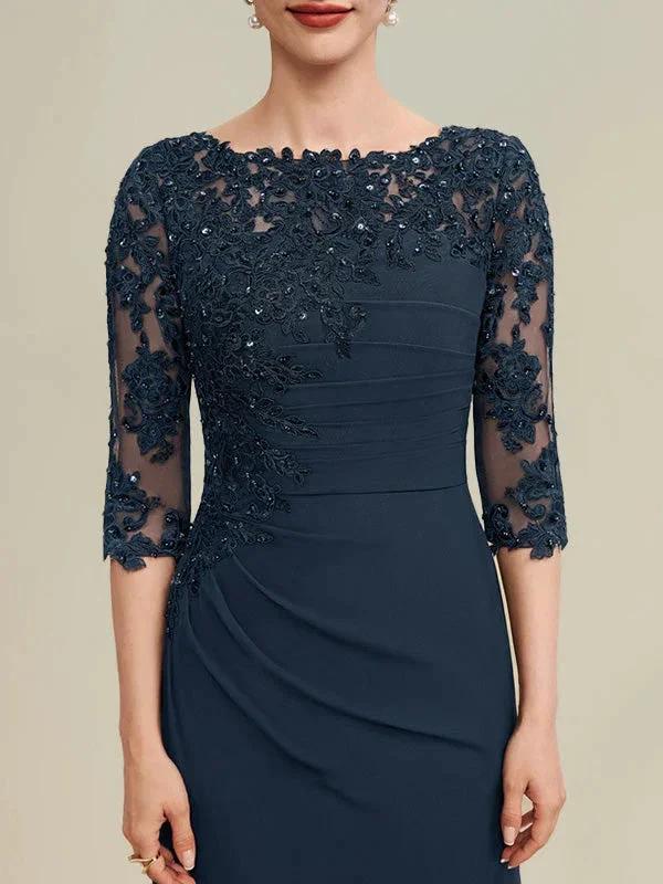 A-line Scoop Floor-Length Chiffon Lace Mother of the Bride Dress With Beading Pleated Sequins - Image 4