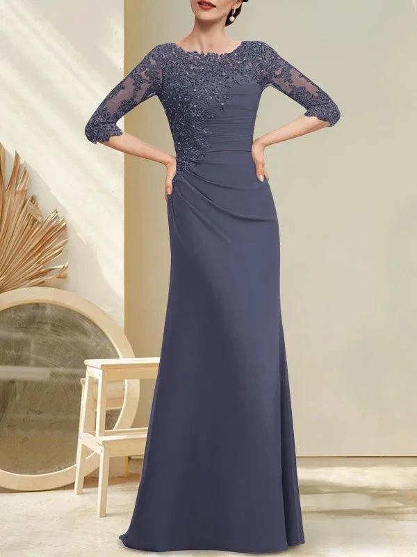 A-line Scoop Floor-Length Chiffon Lace Mother of the Bride Dress With Beading Pleated Sequins - Image 5