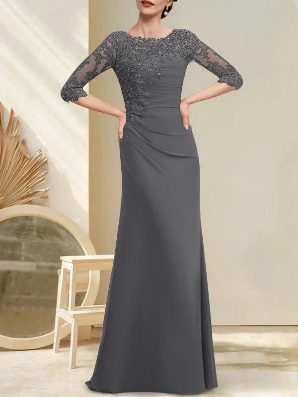 A-line Scoop Floor-Length Chiffon Lace Mother of the Bride Dress With Beading Pleated Sequins - Image 7