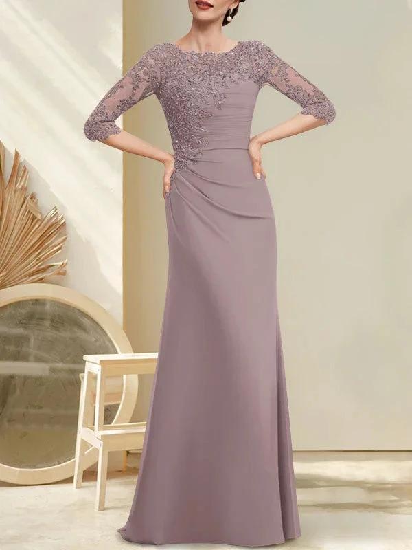 A-line Scoop Floor-Length Chiffon Lace Mother of the Bride Dress With Beading Pleated Sequins - Image 8