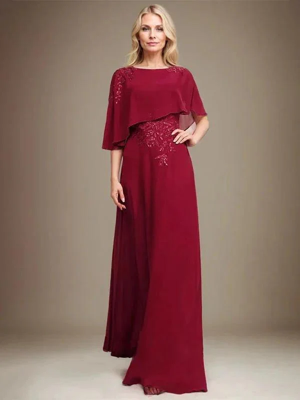 A-line Scoop Floor-Length Chiffon Lace Mother of the Bride Dress With Sequins Beading - Image 2